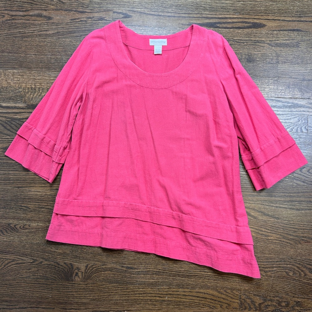 Vintage Soft Surroundings Blouse Womens‎ Medium Pink Linen Asymmetric Ruffle Top